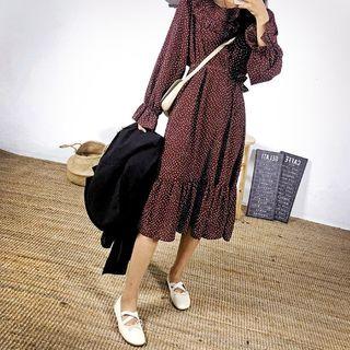 Bell-sleeve Frill-trim Dotted Midi Dress