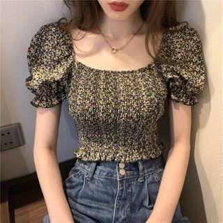 Puff-sleeve Floral Print Shirred Chiffon Crop Top