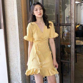 Bell-sleeve Plaid Ruffle Trim Dress