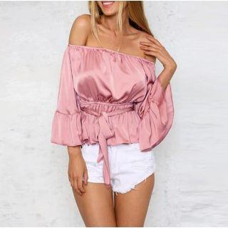 Off-shoulder Long-sleeved Plain Slim Top