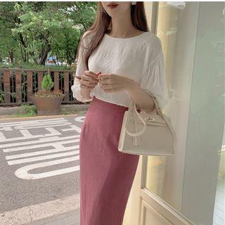Plain Puff-sleeve Bow-back Blouse