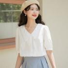 Short-sleeve V-neck Plain Blouse White - One Size