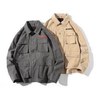 Lettering Embroidered Buttoned Utility Jacket