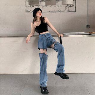 Plain Cropped Tank Top / High-waist Washed Wide Leg Jeans