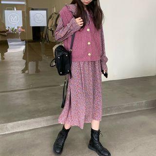 Long-sleeve Floral Print Midi Dress / Button-up Sweater Vest