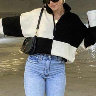 Long Sleeve Stand-collar Color-block Zip-detail Sweatshirt