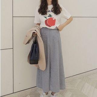 Printed Short-sleeve T-shirt / Front Slit Midi A-line Skirt / Set: Printed Short-sleeve T-shirt + Front Slit Midi A-line Skirt
