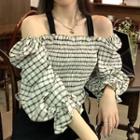 Cold-shoulder Plaid Cropped Blouse Off-white & Black - One Size