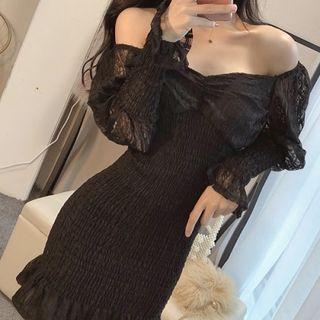 Long-sleeve Lace Ruffle Trim Mini Sheath Dress