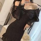 Long-sleeve Lace Ruffle Trim Mini Sheath Dress