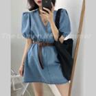 Puff-sleeve Mini A-line Denim Dress Blue - One Size