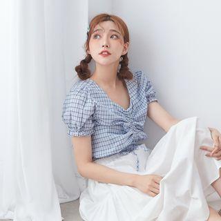 Plaid Short-sleeve Drawstring Cropped Blouse 05 - Blue - One Size
