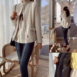 Drawstring-waist Tweed Zip-up Jacket