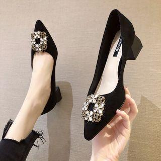 Embellished Faux Suede Block Heel Pumps