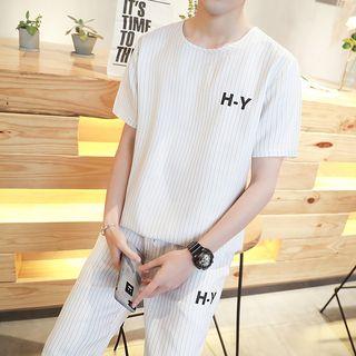 Set: Lettering Striped Short-sleeve T-shirt + Shorts