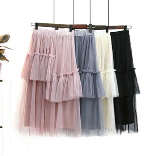 Asymmetric Mesh Sequined Skirt
