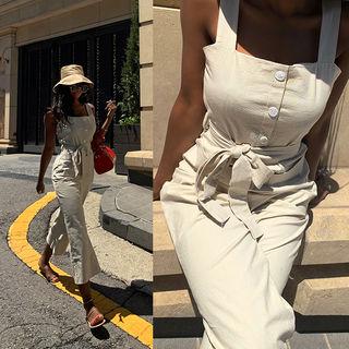 Button-detail Linen Jumpsuit With Sash