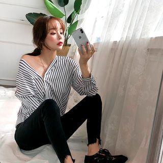 V-neck Round-hem Stripe Blouse