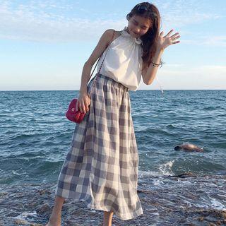 Frilled Neck Halter Top / Gingham Midi Skirt