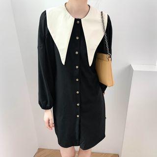 Round-neck Two Tone Button-up Oversize Mini Dress Black - One Size