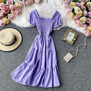 Square-neck Plain Short-sleeve Chiffon Maxi Dress