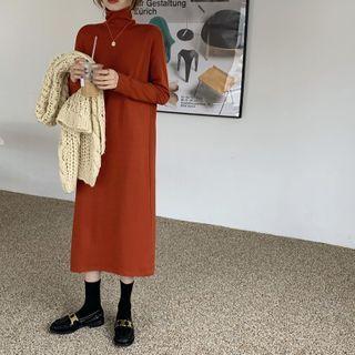 Long-sleeve Turtle Neck Midi A-line Dress