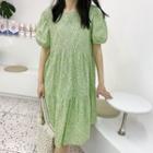 Puff-sleeve Flower Print Shift Dress