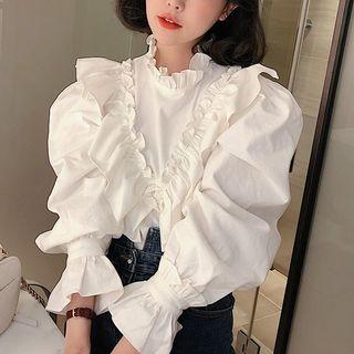 Ruffle Trim Puff Sleeve Blouse Off-white - One Size
