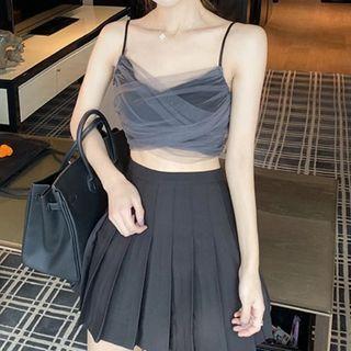 Spaghetti Strap Mesh Top / Mini A-line Pleated Skirt