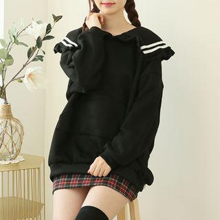 Sailor-collar Kangaroo-pocket Pullover Black - One Size
