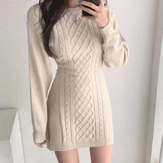 Long-sleeve Round Neck Cable Knit Plain Mini Dress