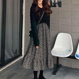 Bell-sleeve Floral Print Midi A-line Dress / Sweater