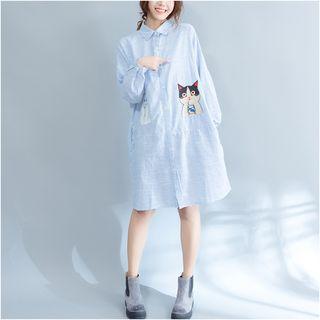 Pinstriped Cat Embroidered Shirtdress