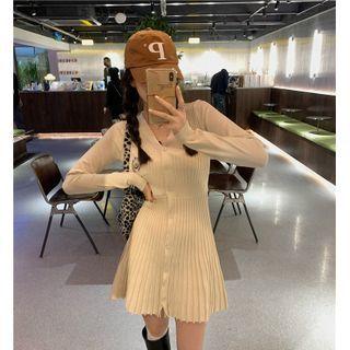 Long-sleeve Button-up Accordion Pleat Knit Mini A-line Dress