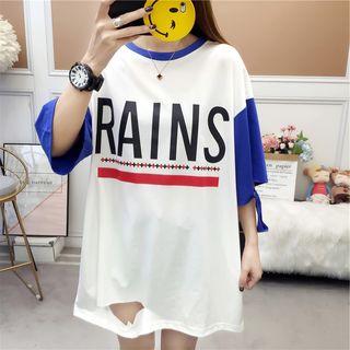 3/4-sleeve Oversize Letter Ripped T-shirt
