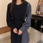 Long-sleeve Two-tone Mini A-line Dress Black & Gray - One Size