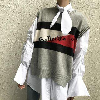Set: Bell-sleeve Shirt + Lettering Knit Vest
