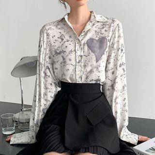 Long-sleeve Heart Applique Floral Shirt