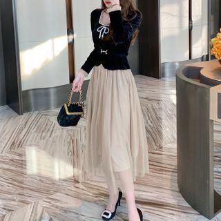 Set: Puff-sleeve Bow Blouse + Midi A-line Skirt