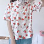 Short-sleeve Strawberry Print Shirt / Embroidered Wide-leg Jeans
