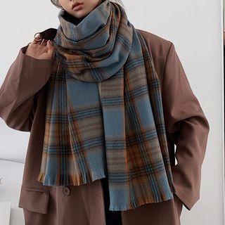 Plaid Fringed Scarf Grayish Blue - 180 X 60