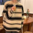 Round-neck Striped Long-sleeve Sweater Almond - One Size