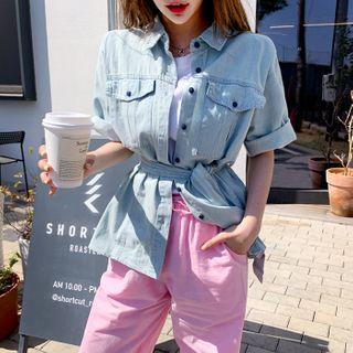 Padded-shoulder Denim Shirt With Sash