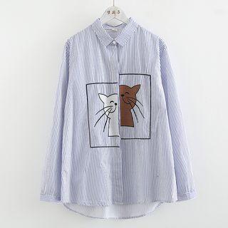 Cat Embroidered Striped Shirt Light Blue - One Size