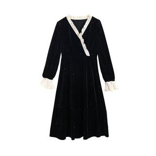 Ruffled Bell-sleeve A-line Midi Velvet Dress