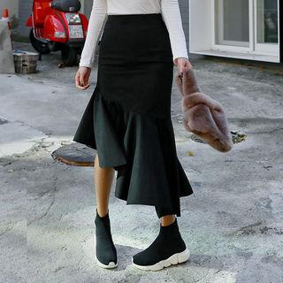 Diagonal Ruffle-hem Faux-suede Long Skirt
