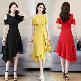 Short-sleeve Cold-shoulder Asymmetrical A-line Dress