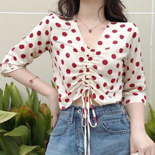 V-neck Dotted Elbow-sleeve Top