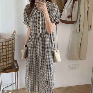 Short-sleeve Collar Plaid Midi A-line Dress Black & White - One Size