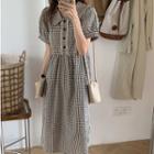 Short-sleeve Collar Plaid Midi A-line Dress Black & White - One Size